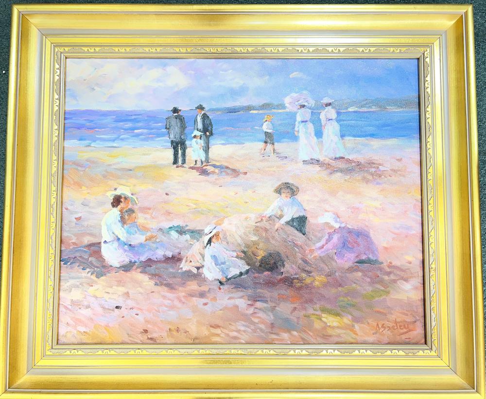 Agnes Szetey (Australian, late 20th century) 'Victorian Seaside Visit', large original oil , latter 20th century