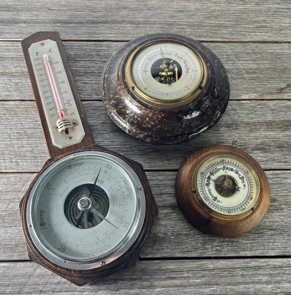 Three aneroid barometers, England, late 19th–20th century
