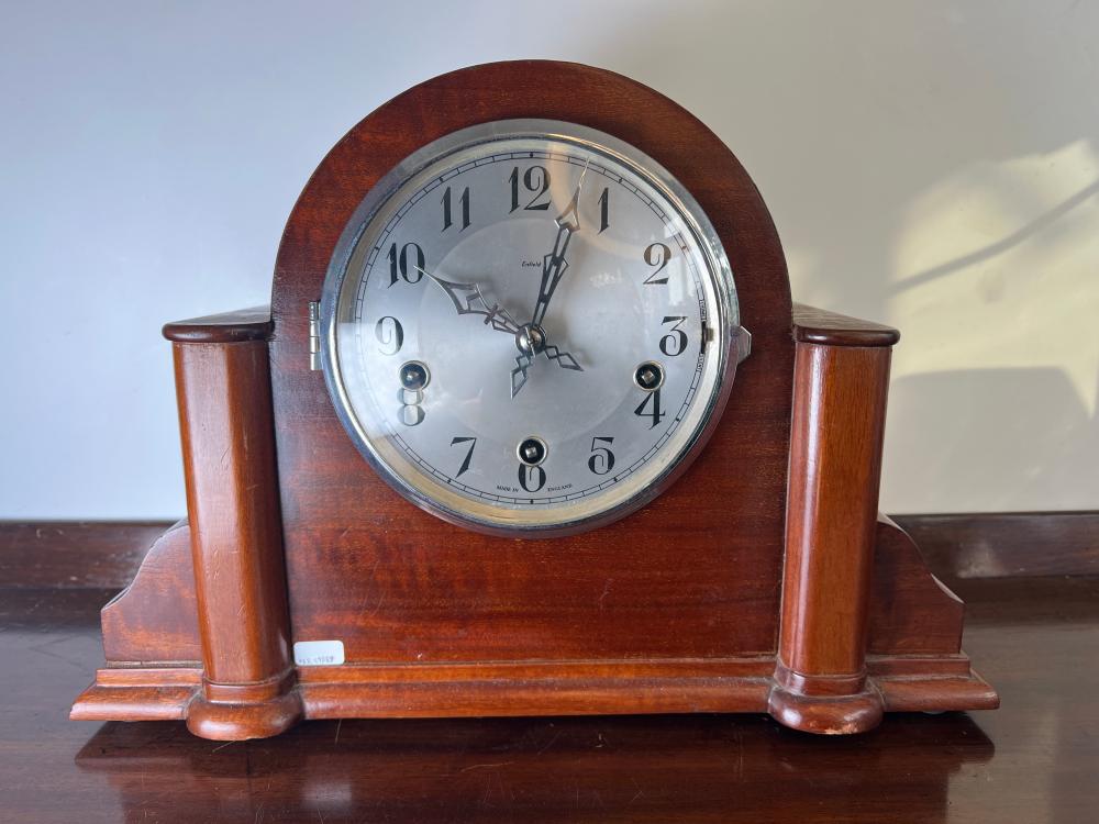 Enfield mahogany arch-top mantel clock with two-train chiming movement, England, c.1930s–50s