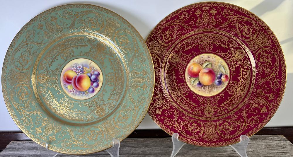 Pair of Royal Worcester fine bone china cabinet plates, hand-painted fruit, signed M. Morris and S. Weston, c.1970s–80s