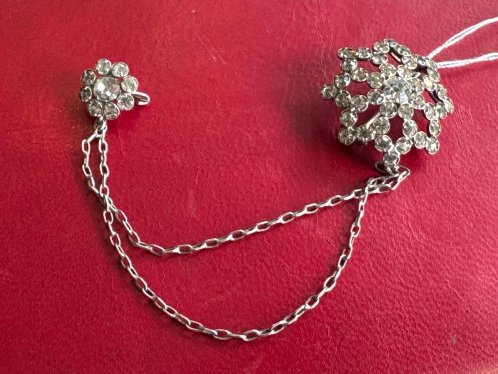Diamond-paste and sterling silver double brooch with linking chain, hallmarked, 19th century