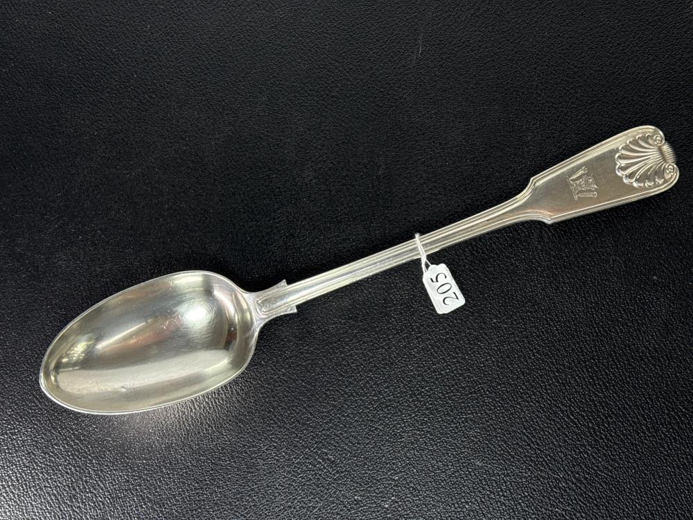 Sterling silver fiddle, thread and shell pattern stuffing spoon, very heavy 210g, engraved crest, London 1922