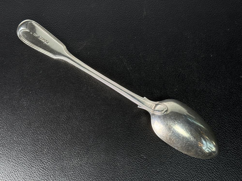 Sterling silver thread and fiddle pattern stuffing spoon, Mary Chawner, London, 1839
