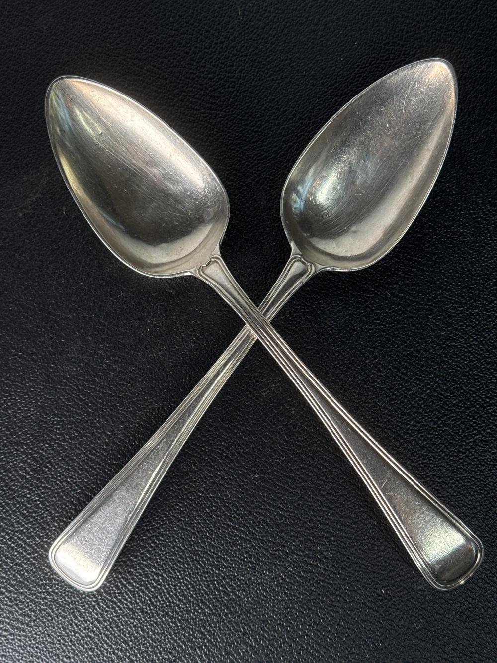 Pair of sterling silver fiddle and thread pattern table spoons, London, 1807