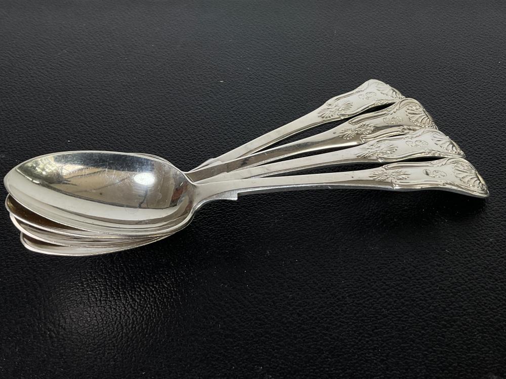 Set of four King's Pattern silver dessert spoons, London 1852-1853