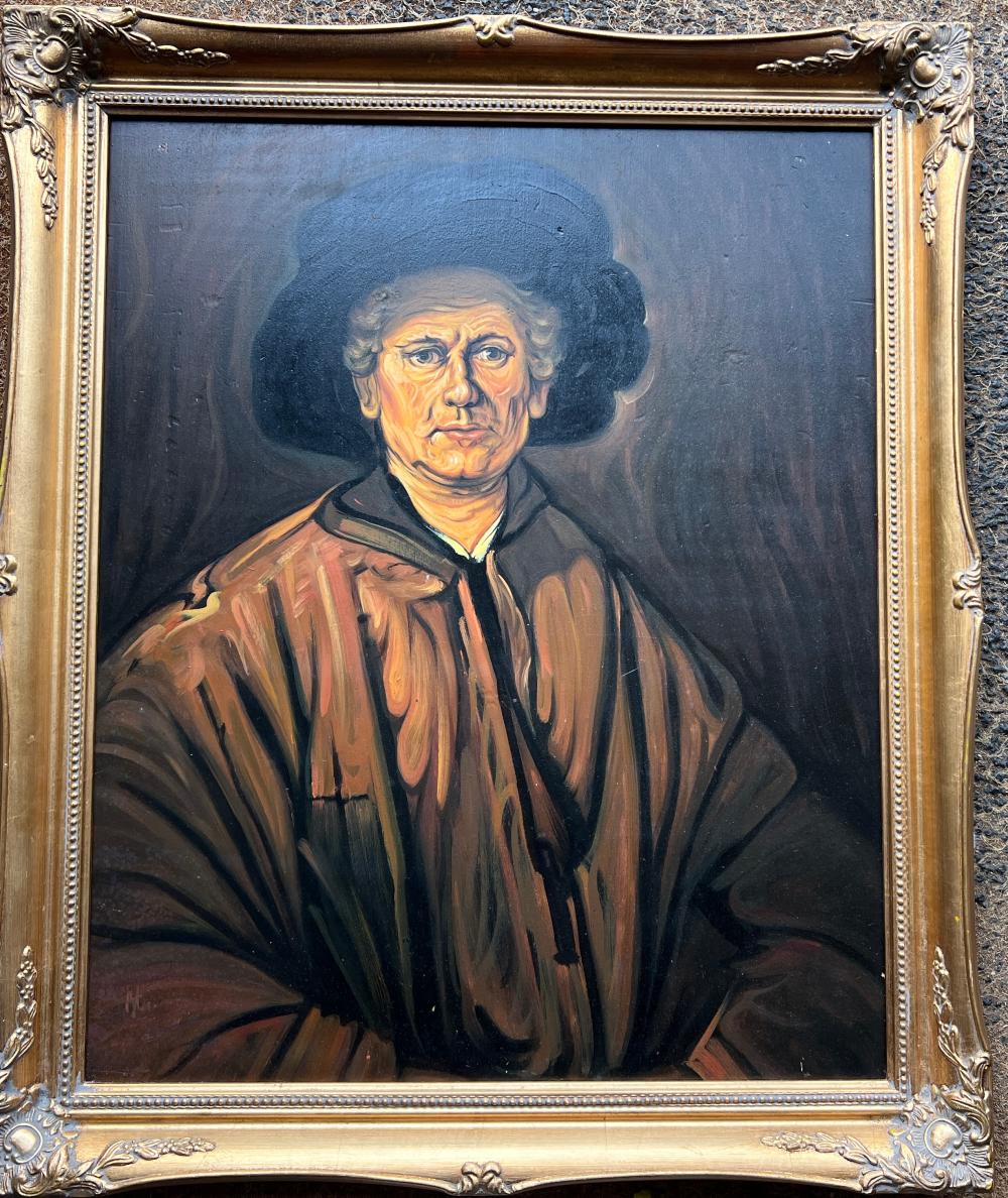 Emile Bednes (Yugoslavia/Australia, 1938–), portrait of a bearded man after Rembrandt, oil on canvas, indistinctly initialled, 20th century