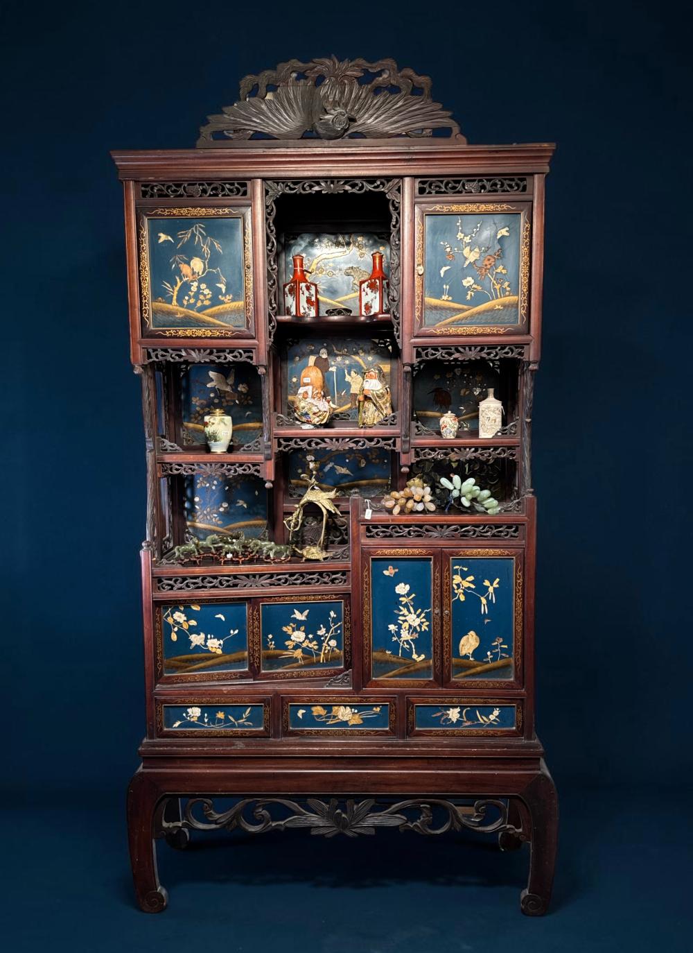 Large Japanese display cabinet with shibayama-style inlaid blue lacquer panels, Meiji period, c.1900