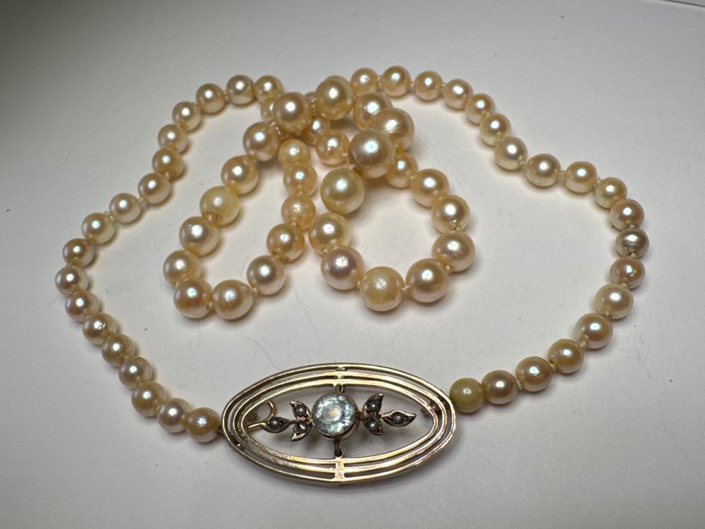 Pearl, aquamarine and 9ct gold brooch/pendant, early 20th century