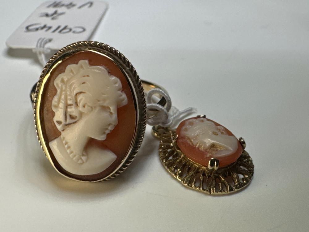 Shell cameo ring and pendant, 9ct gold, Birmingham, late 19th to early 20th century