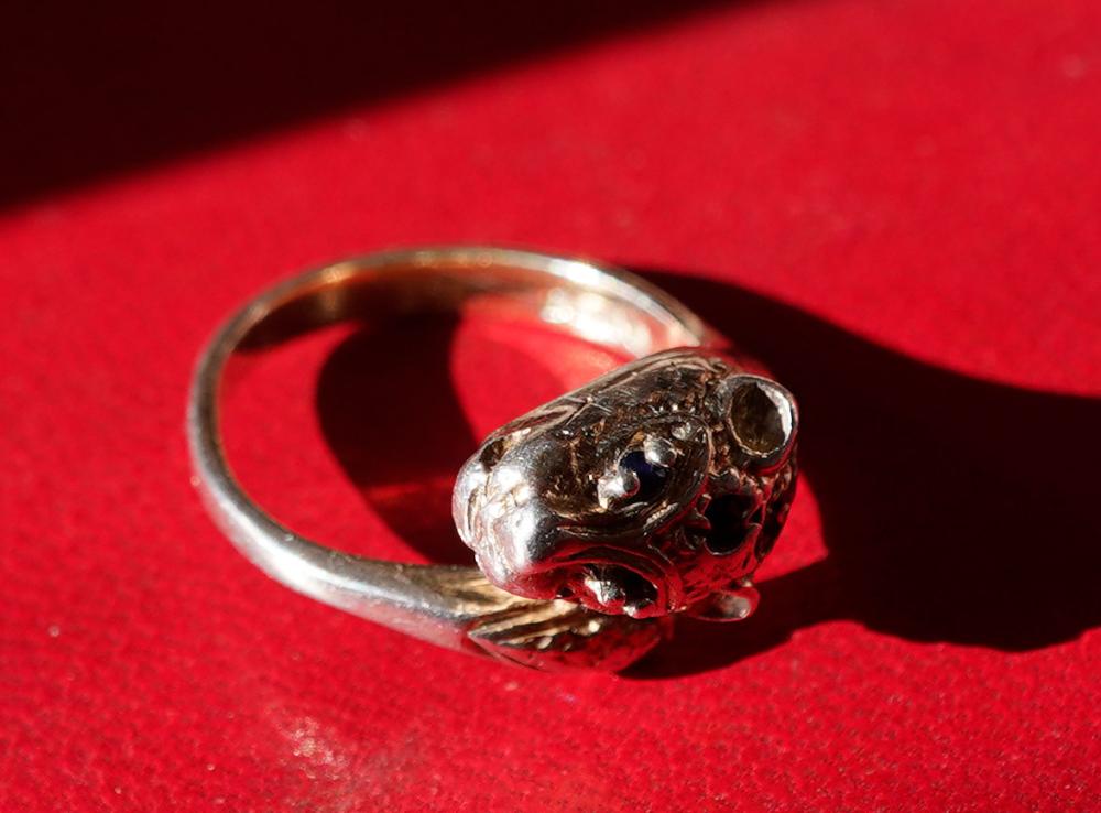 Sterling silver leopard dress ring set with ruby-coloured stones, Birmingham, 20th century
