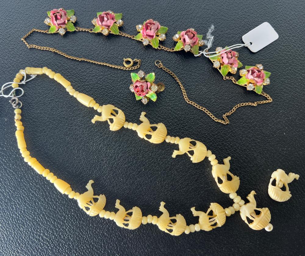 Vintage rose paste necklace + bone carved necklace, mid-20th century and later