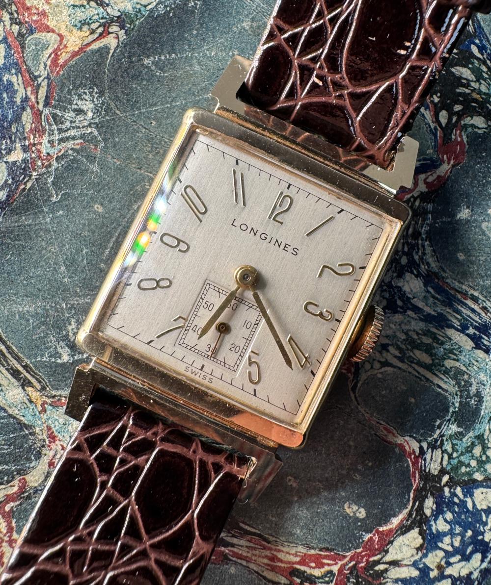 Longines gentleman's rectangular wristwatch, 14ct gold case, subsidiary seconds dial, crocodile-grain leather strap, circa 1950s