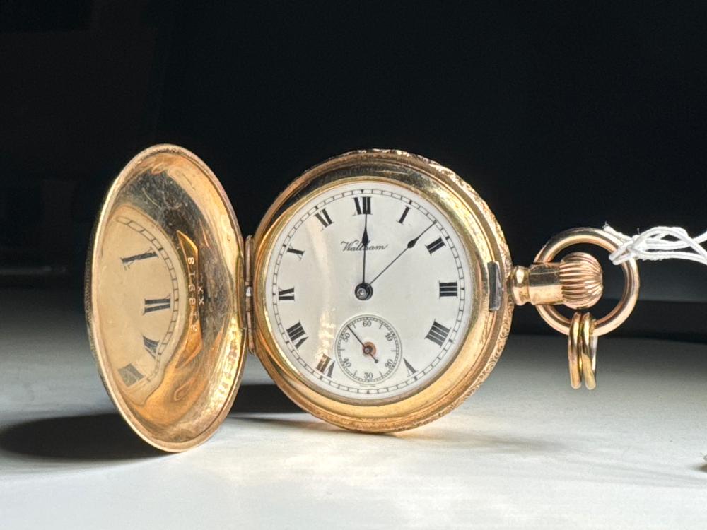 Gold-plated pocket watch, Waltham movement in Dennison case, late 19th or early 20th century