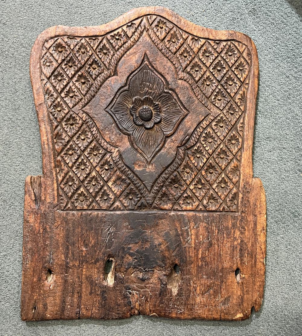 South-East Asian carved hardwood panel, prob. a stool back, earlier 20th c