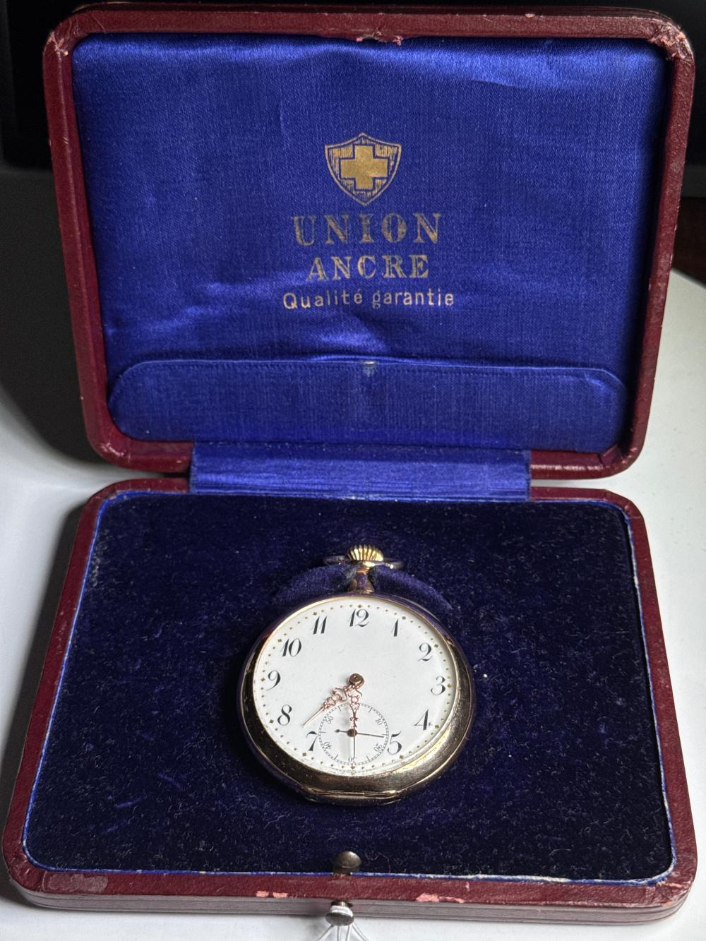Swiss 14-carat gold pocket watch, 'Union Ancre'  case, late 19th/early 20th century