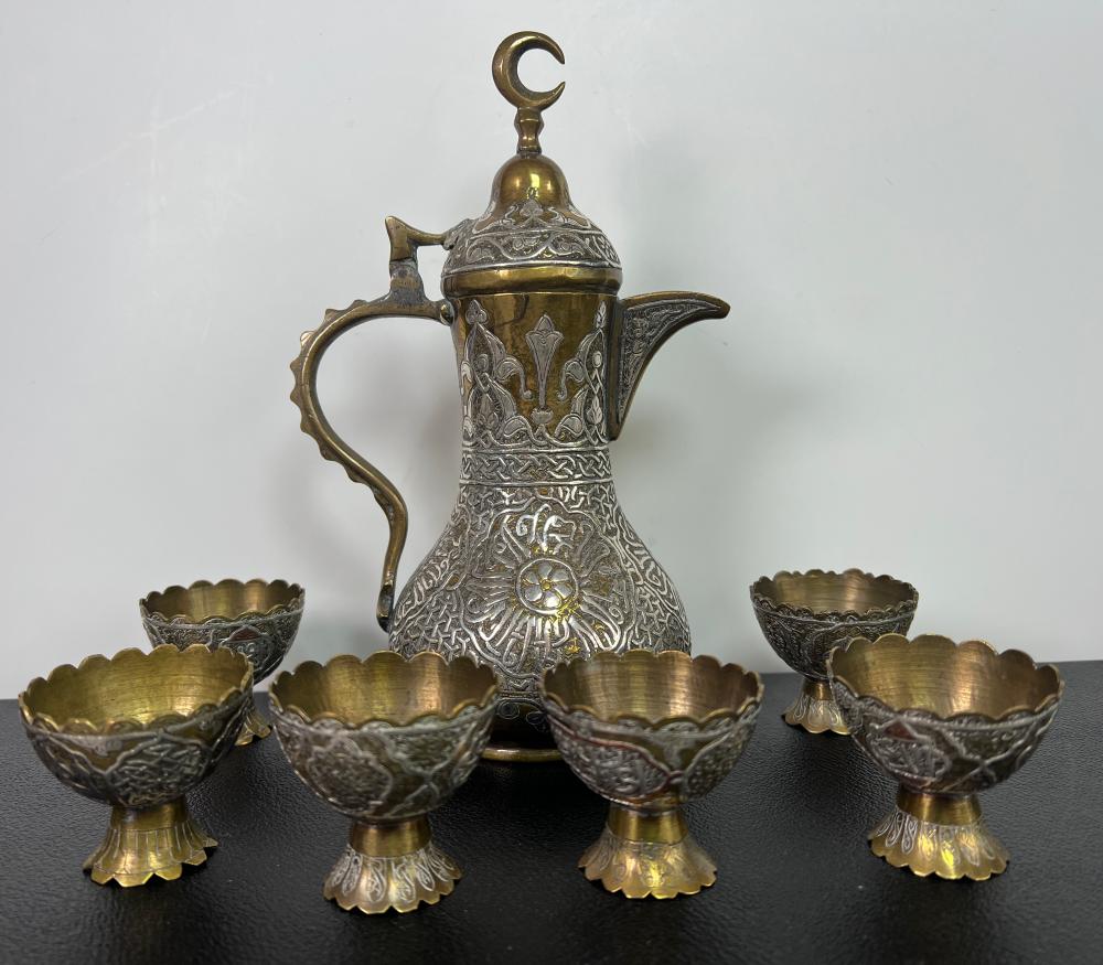 Ottoman Turkish Damascus Ware brass coffee set with mixed-metal inlay, crescent finial and six stem cups, circa 1900