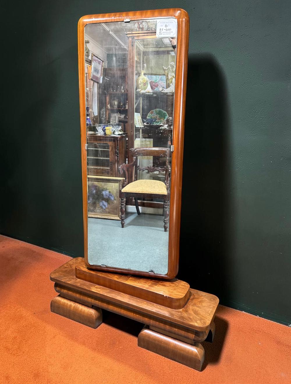 Art Deco figured walnut rotating cheval mirror, c.1930
