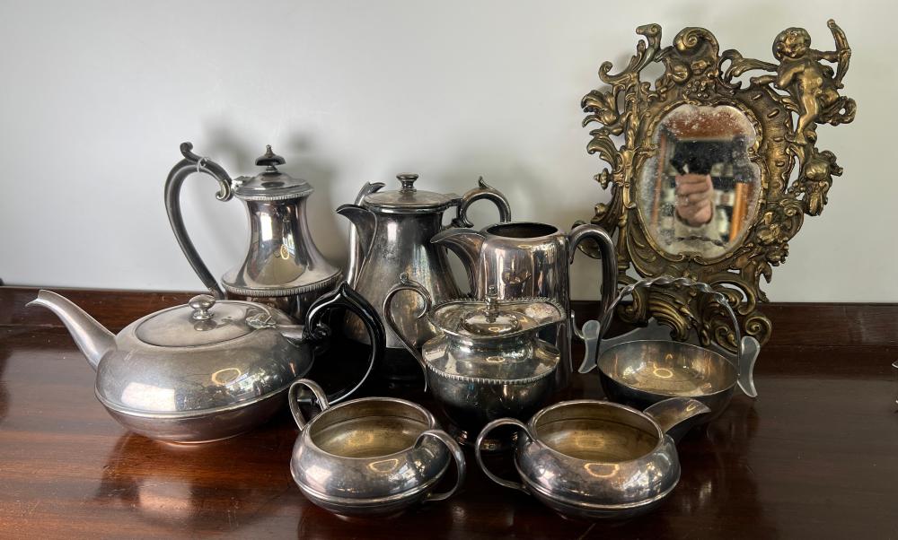 Qty Silver-plate inc. desk set, bread basket and candlestick, three pieces, 19th-20th century