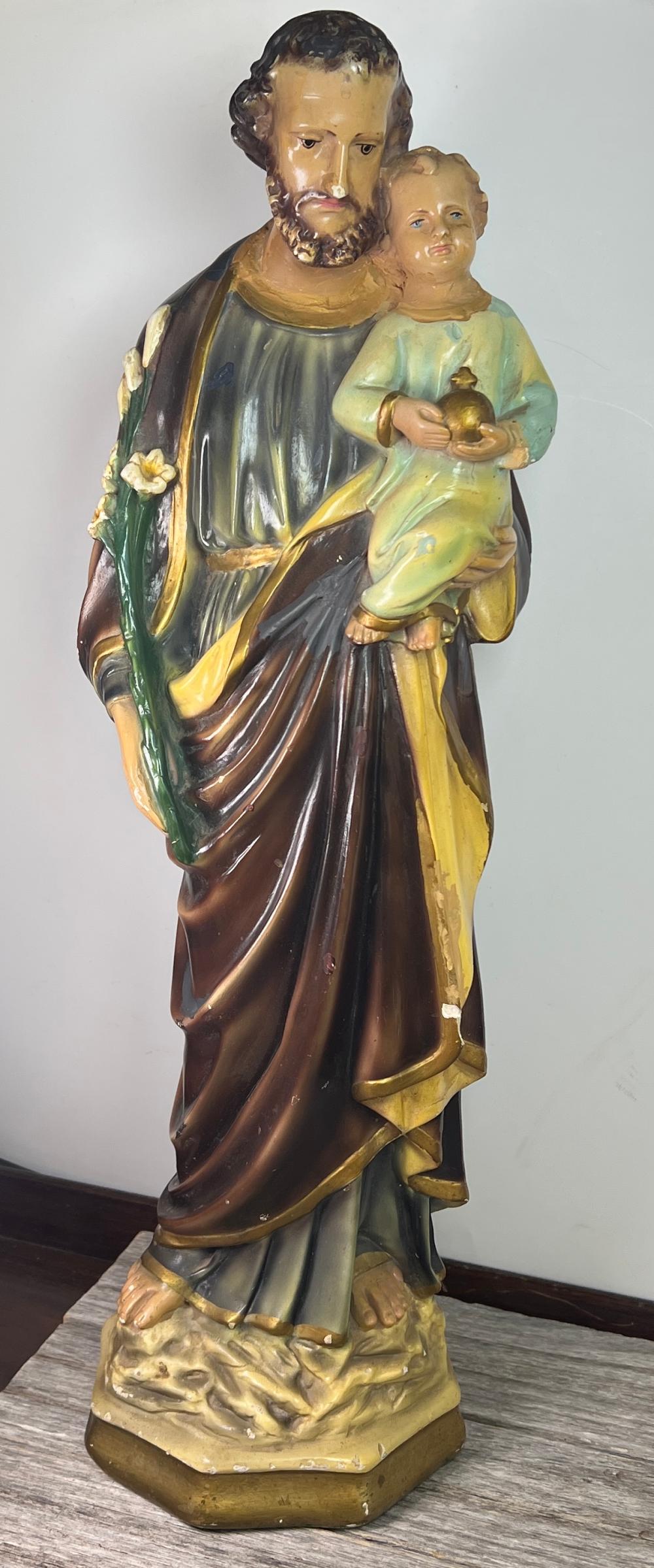 Painted plaster devotional figure of Saint Joseph and the Christ Child, mid-20th century