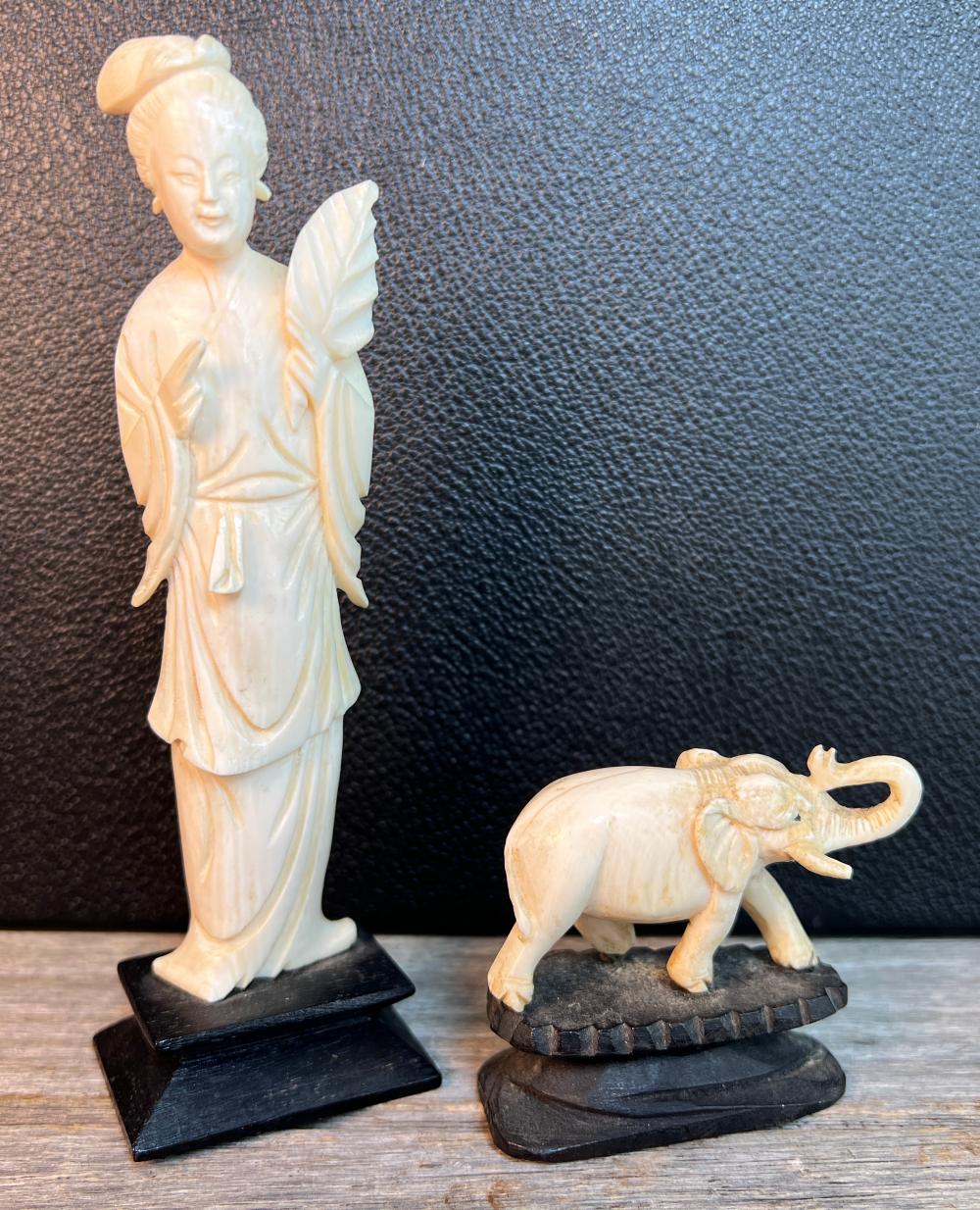 2 Chinese carved ivory figures, tall lady + elephant, earlier 20th century