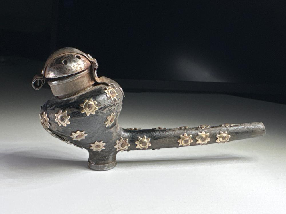 Carved wood tobacco pipe with silver-toned metal star and edelweiss attachments, Swiss, 20th century