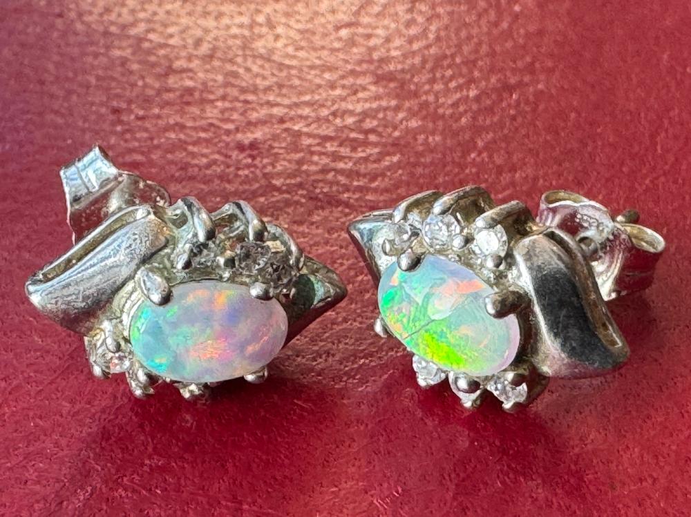 Pair of Australian white opal and sterling silver stud earrings, 20th century