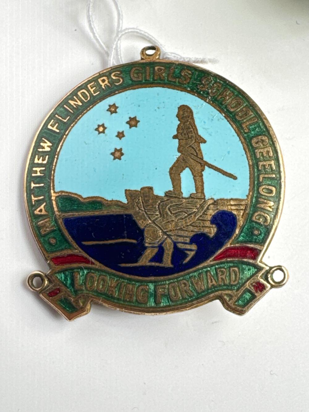 Matthew Flinders Girls School, Geelong, circular enamel badge, 20th century