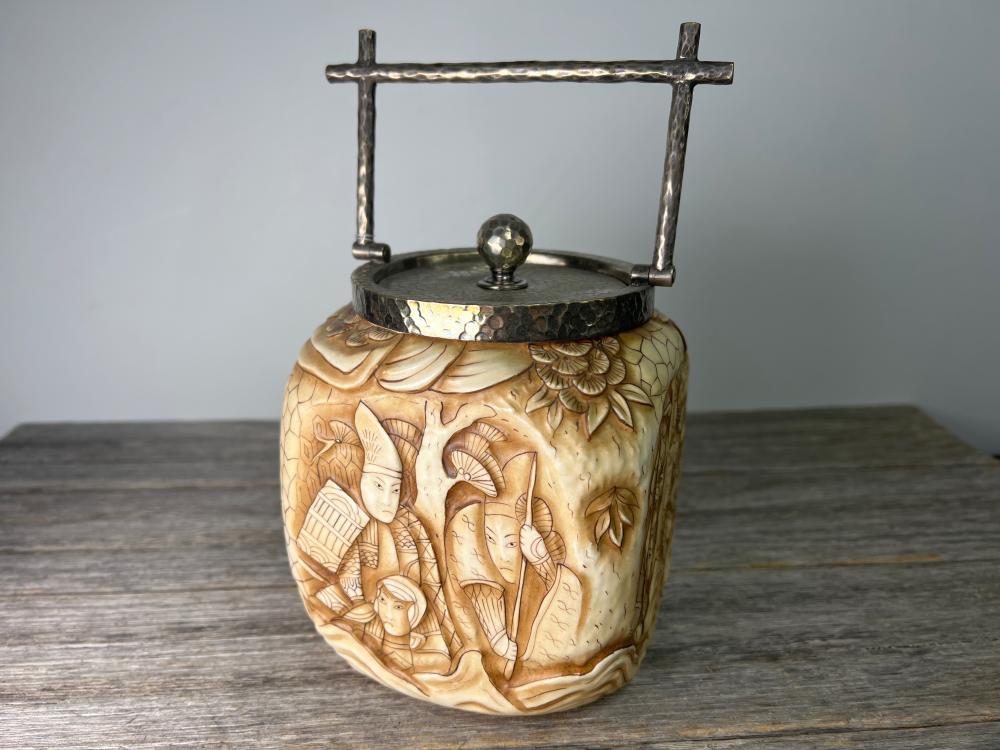 Aesthetic Movement porcelain biscuit barrel, simulating carved ivory with Samurai decoration, EP mounts, late 19th century
