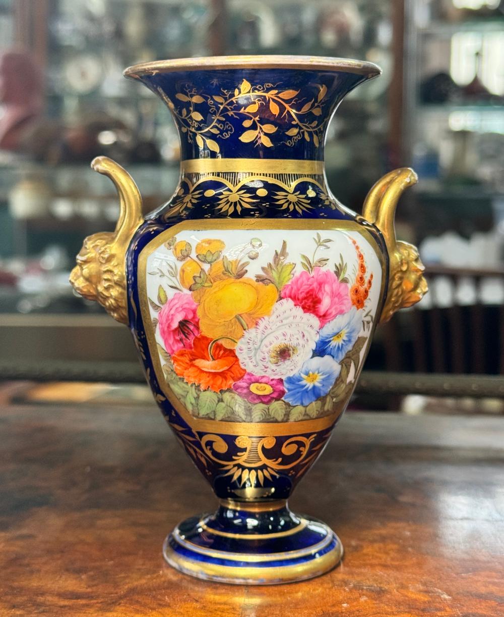 English porcelain vase with floral panel, cobalt ground and rich gilding, attributed to Coalport, circa 1825